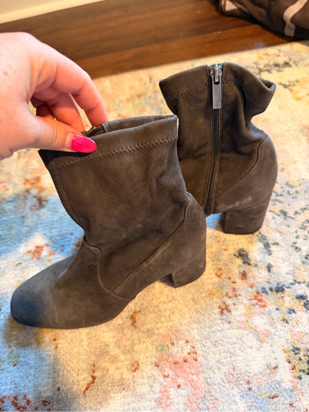 Aquatalia Charcoal Gray Suede Ankle Booties with Block Heel - Picture 2 of 6